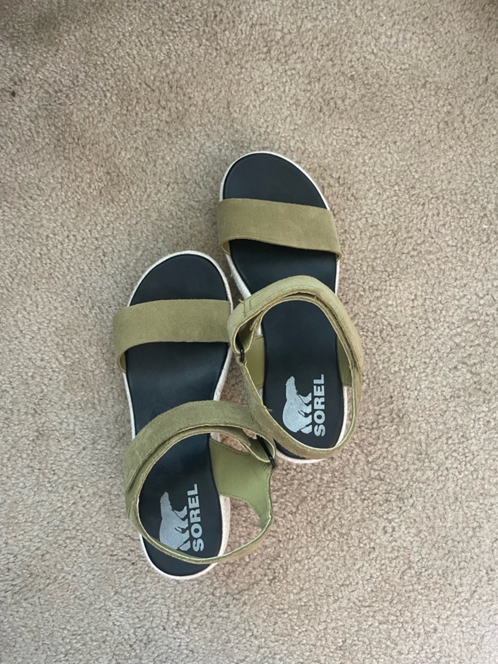 Sorel Olive Suede Double-Strap Sandals with Black Footbed